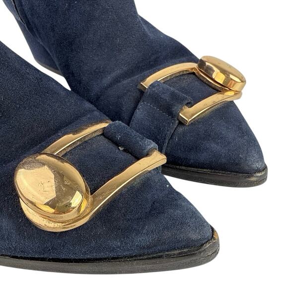 Stella Luna Blue Suede Leather Pointed Toe Gold Accent Zip Ankle Boots 37 US 6.5 - Picture 8 of 9